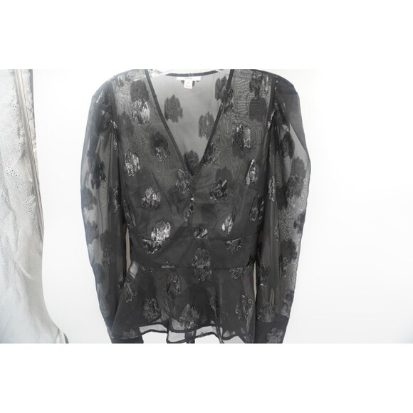 Bar III Black Sheer Metallic Burnout Floral Wrap V-Neck Waist Top Blouse Size M - Picture 2 of 8